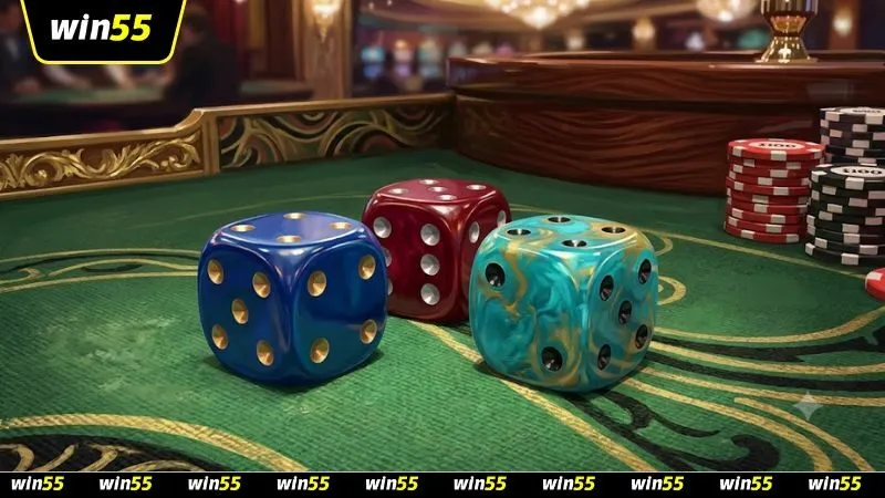 Ba viên xúc xắc có các mặt số khác nhau minh họa cho cách cược ba mặt khác nhau trong sicbo casino.