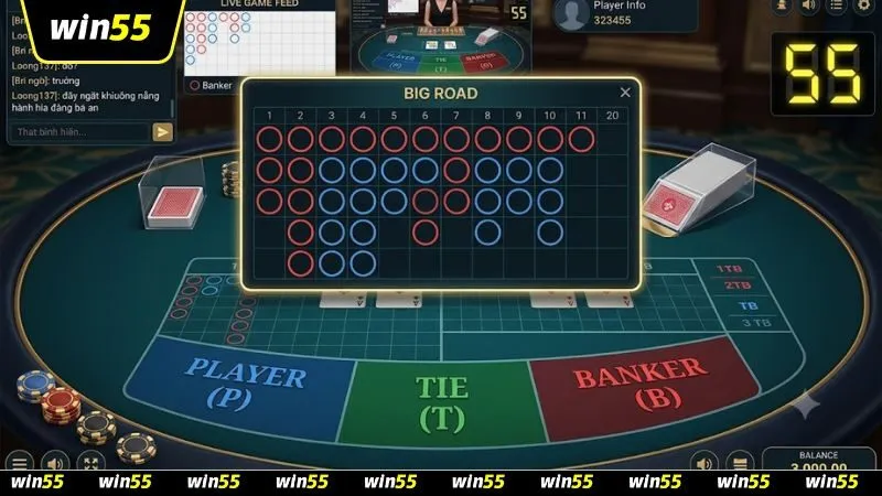 Giao diện bàn cược trực tuyến hiển thị cách đọc bảng cầu baccarat big road trực quan cho người chơi