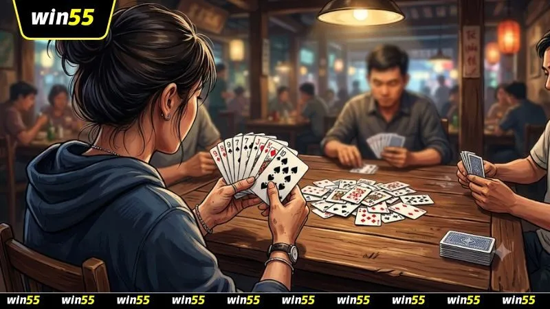 Người chơi đang xếp bài Tây trên bàn gỗ để áp dụng mẹo nhớ bài đã ra trong phỏm hiệu quả.