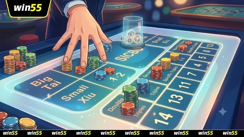 Người chơi phân bổ chip vào nhiều ô cược bên cạnh cách cược ba mặt khác nhau trong sicbo casino.