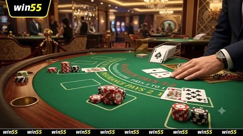Hình ảnh bàn chơi Blackjack với quân bài Át ngửa và chip cược bảo hiểm giúp người chơi hiểu insurance trong blackjack là gì