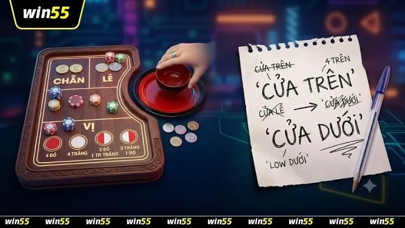 Bảng cược xóc đĩa với các lựa chọn chẵn lẻ truyền thống được đặt cạnh tờ giấy ghi chú cửa trên cửa dưới.