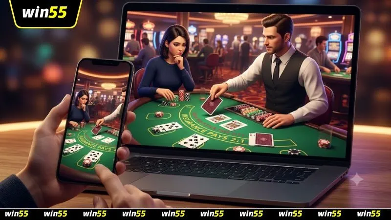 Cận cảnh dealer lật bài khi người chơi cân nhắc đặt cược insurance trong blackjack là gì