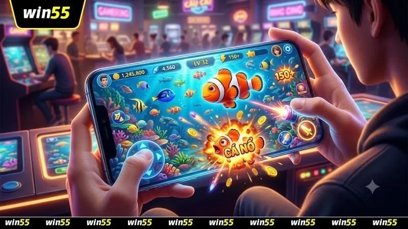 Game thủ đang thực hiện cách bắn cá hề và cá nổ hiệu quả trên màn hình điện thoại thông minh