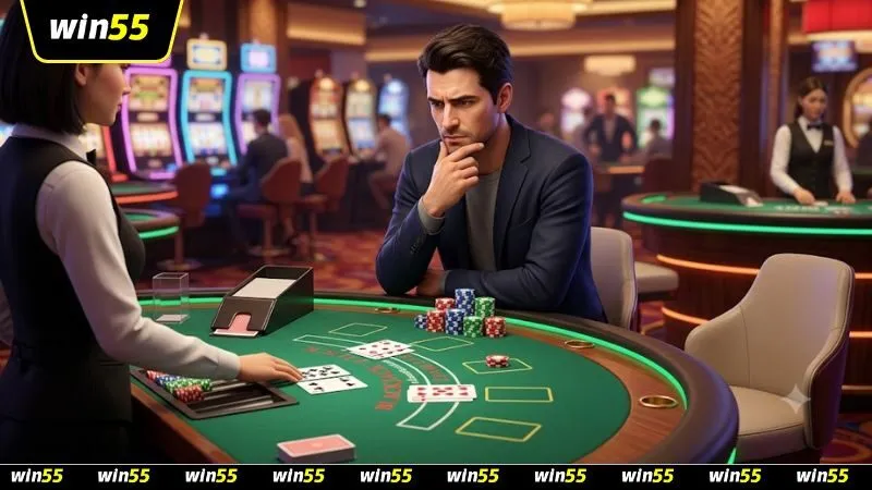 Người chơi Blackjack suy nghĩ về chiến thuật đặt cược và thắc mắc liệu có nên mua bảo hiểm hay không