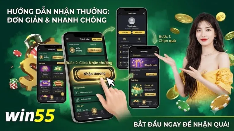 Người chơi thao tác nhận khuyến mãi WIN55 nhanh chóng trên giao diện di động