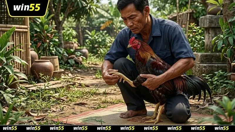 Người nuôi gà đang kiểm tra kinh nghiệm đúc gà chọi chuẩn thông qua đặc điểm ngoại hình của chiến kê